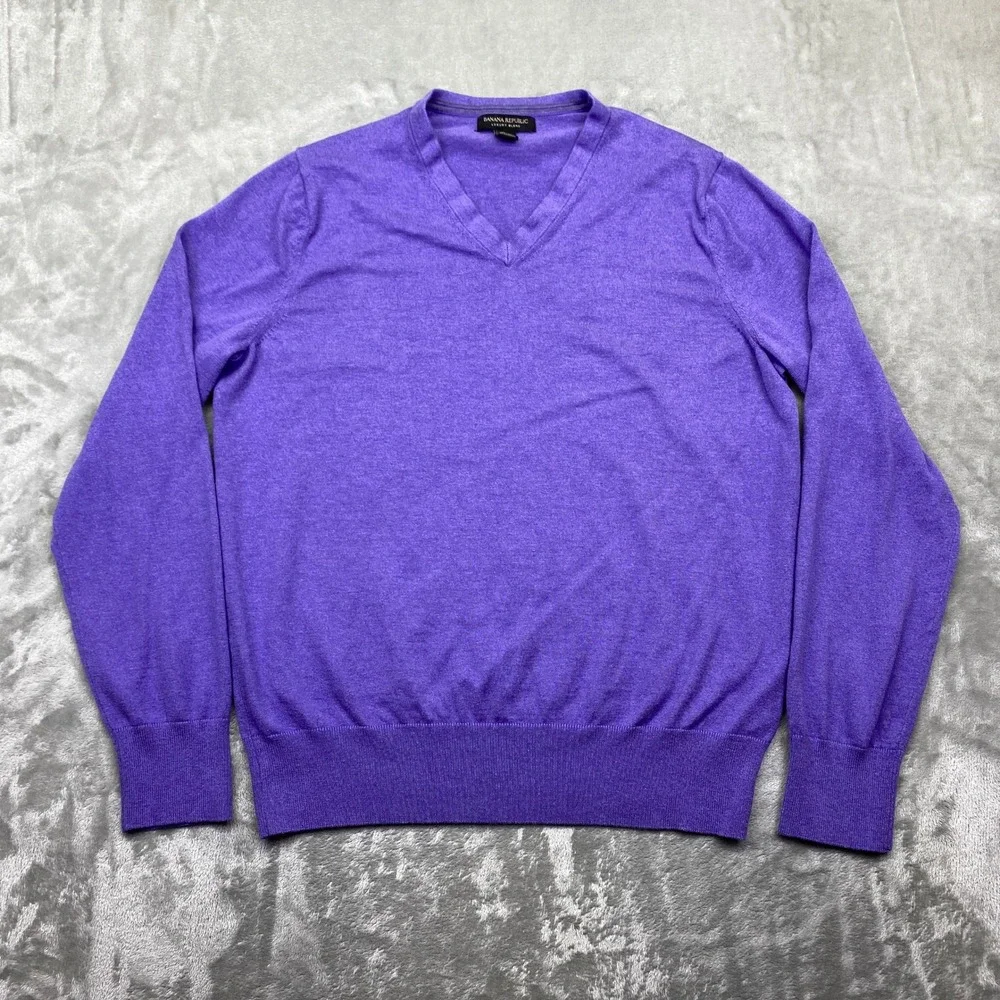 Banana Republic Luxury Blend V Neck Sweater Men's L Purple Silk Cotton Cashmere‎